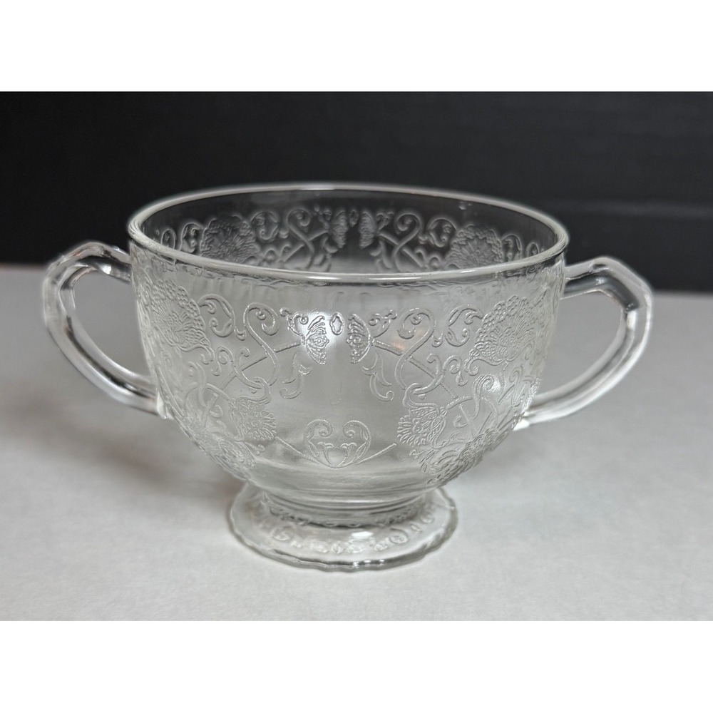 VTG Hazel-Atlas Florentine 1 Clear Pressed Glass Double Handled Sugar Bowl 1930s